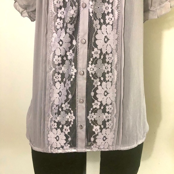 (5 FOR $25) EYELASH SHEER BLOUSE TOP LAVENDER OPEN LACE SZ XS - Picture 5 of 6